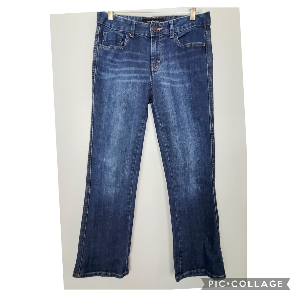 Calvin Klein Distressed Dark Wash Boot Cut Jeans Womens Sz 6 Button Pockets Logo